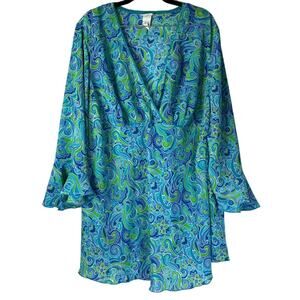 Vintage Studio C Blue Green Paisley Deep V Ruffle Long Sleeve Tunic Size 18/20